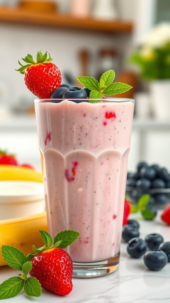 A refreshing berry yogurt smoothie in a glass, garnished with whole berries and mint leaves, surrounded by fresh fruits.